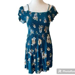 DARK TEAL FLORAL SMOCKED OFF SHOULDER DRESS